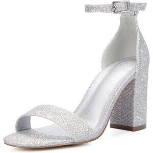 〽️Women's Silver Glitter Coasis Chunky Block Sandals Open Ankle Strap Heel